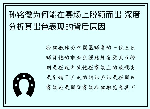 孙铭徽为何能在赛场上脱颖而出 深度分析其出色表现的背后原因