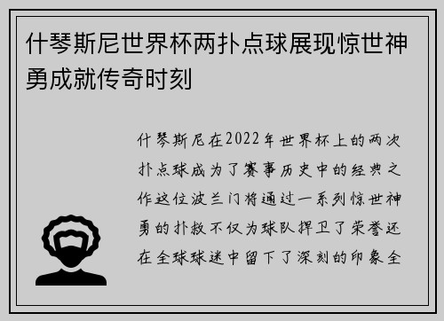 什琴斯尼世界杯两扑点球展现惊世神勇成就传奇时刻