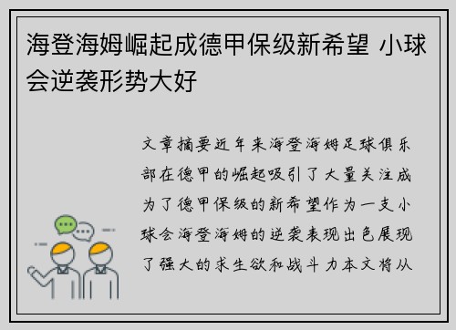 海登海姆崛起成德甲保级新希望 小球会逆袭形势大好 海登海姆崛起成德甲保级新希望 小球会逆袭形势大好